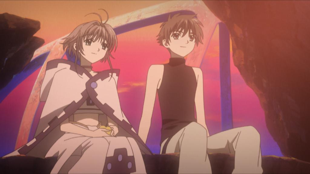 Zwei Anime-Figuren sitzen nebeneinander vor einem rosafarbenen Himmel.