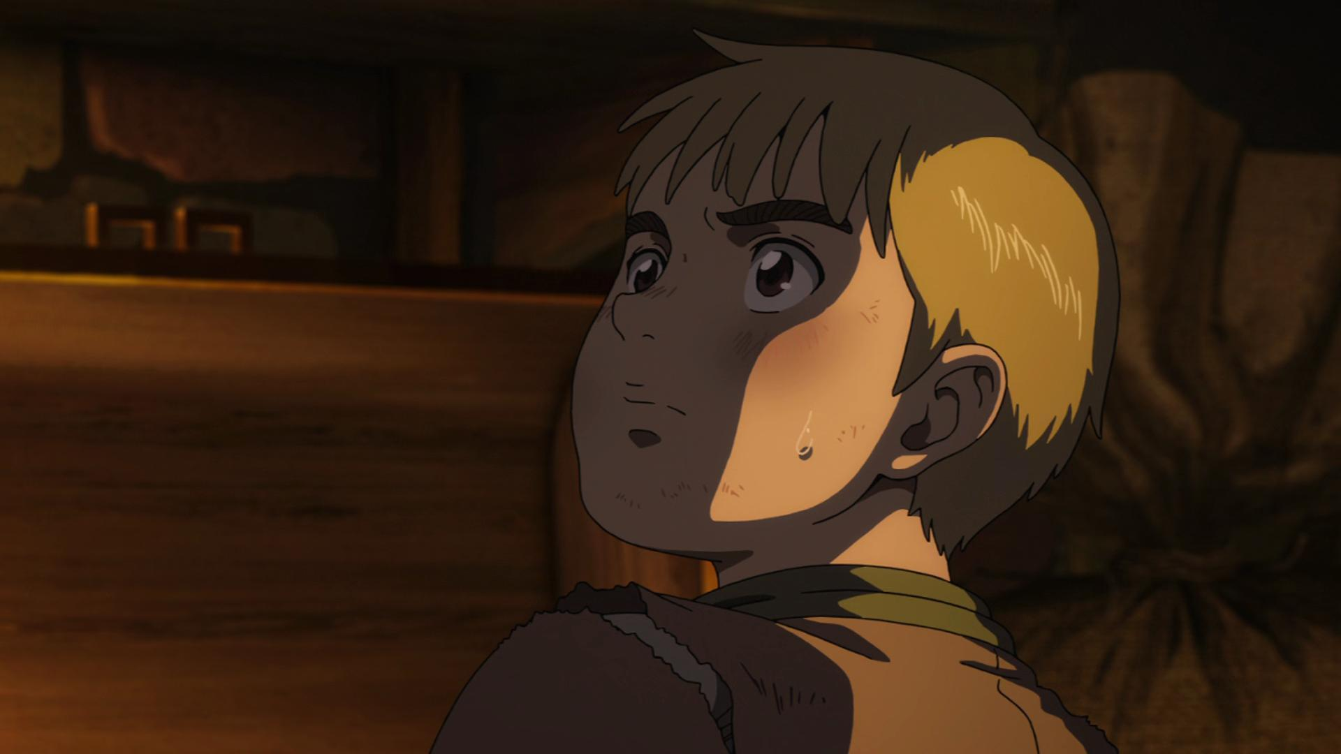 Ein junger Mann mit blonden Haaren im Anime-Stil, im Profil, mit einem Schweißtropfen auf der Wange.