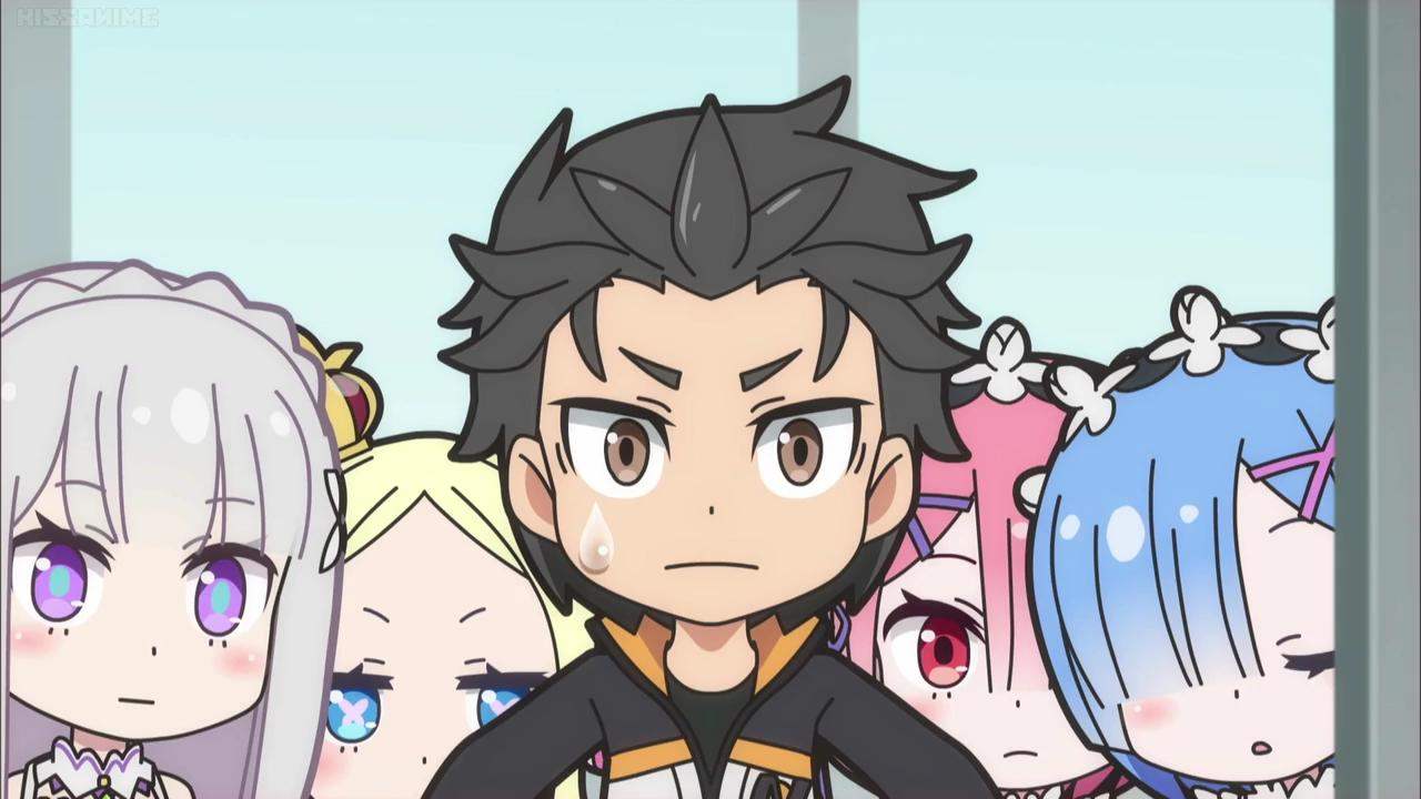 Anime-Charaktere mit dunklen Haaren, blonden, lila und blauen Haaren stehen eng zusammen.