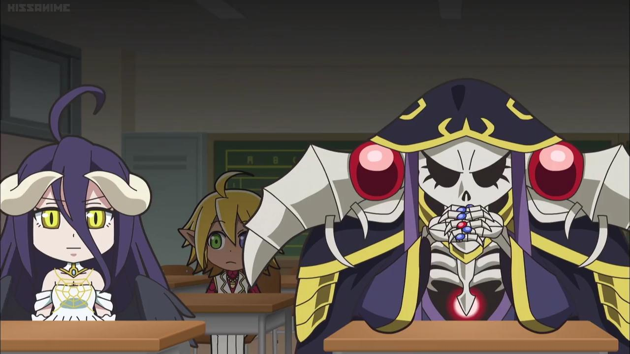 Drei Anime-Charaktere sitzen an Schreibtischen in einem Klassenzimmer.