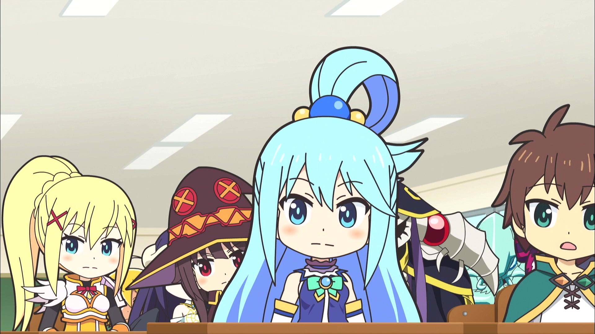 Fünf Anime-Charaktere sitzen an Schultischen.