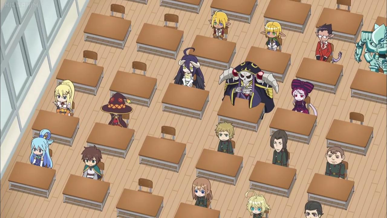 Eine Anime-Klassenzimmeransicht mit vielen Schülern an hölzernen Schreibtischen.