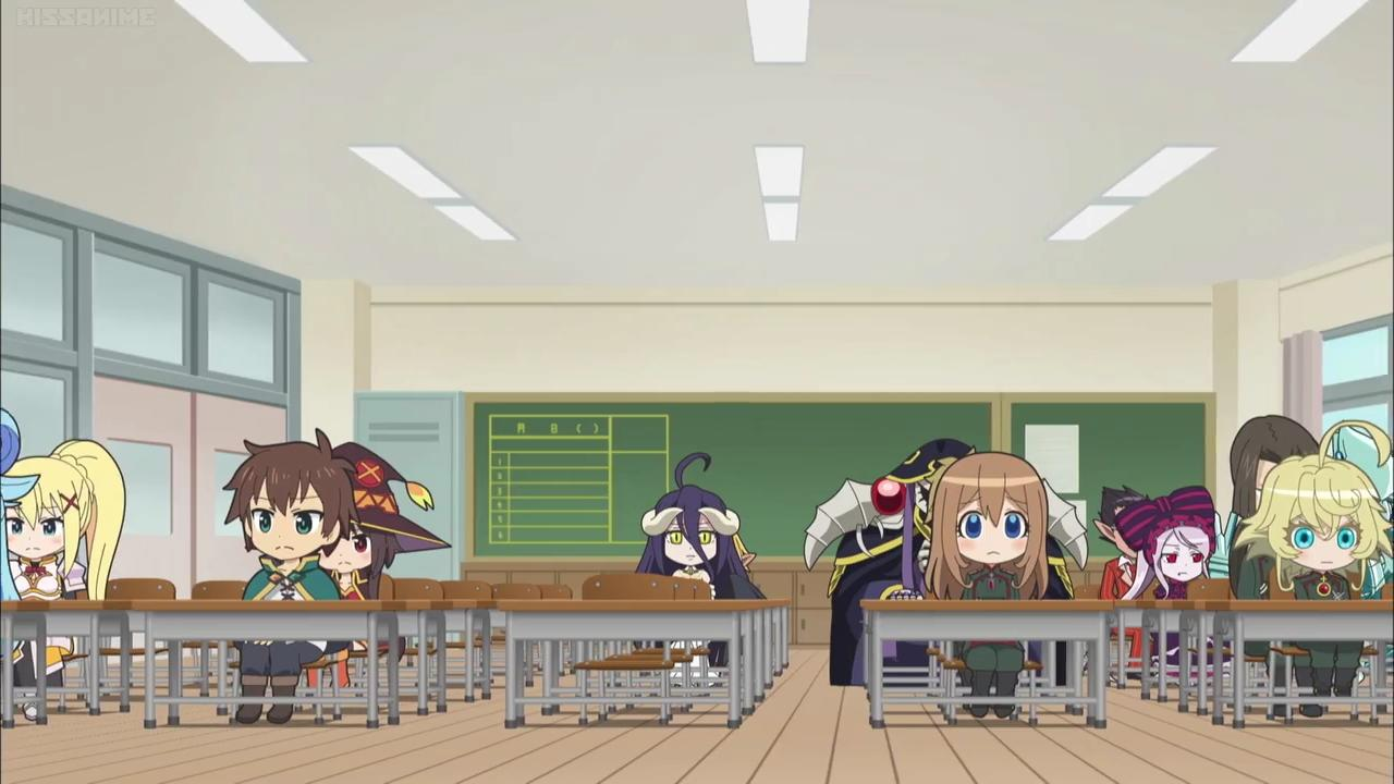 Anime-Charaktere sitzen in einem Klassenzimmer an Schreibtischen.