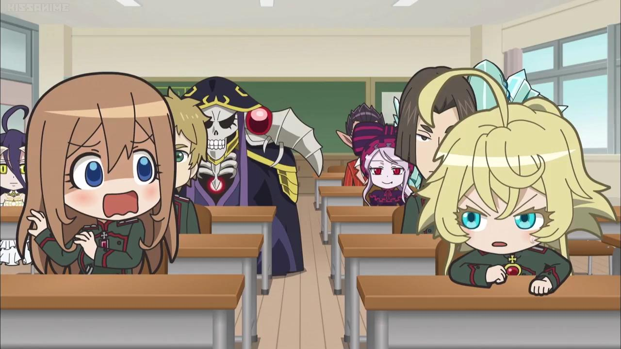 Anime-Klassenzimmer mit Charakteren, darunter ein Skelett und Mädchen in Uniformen.