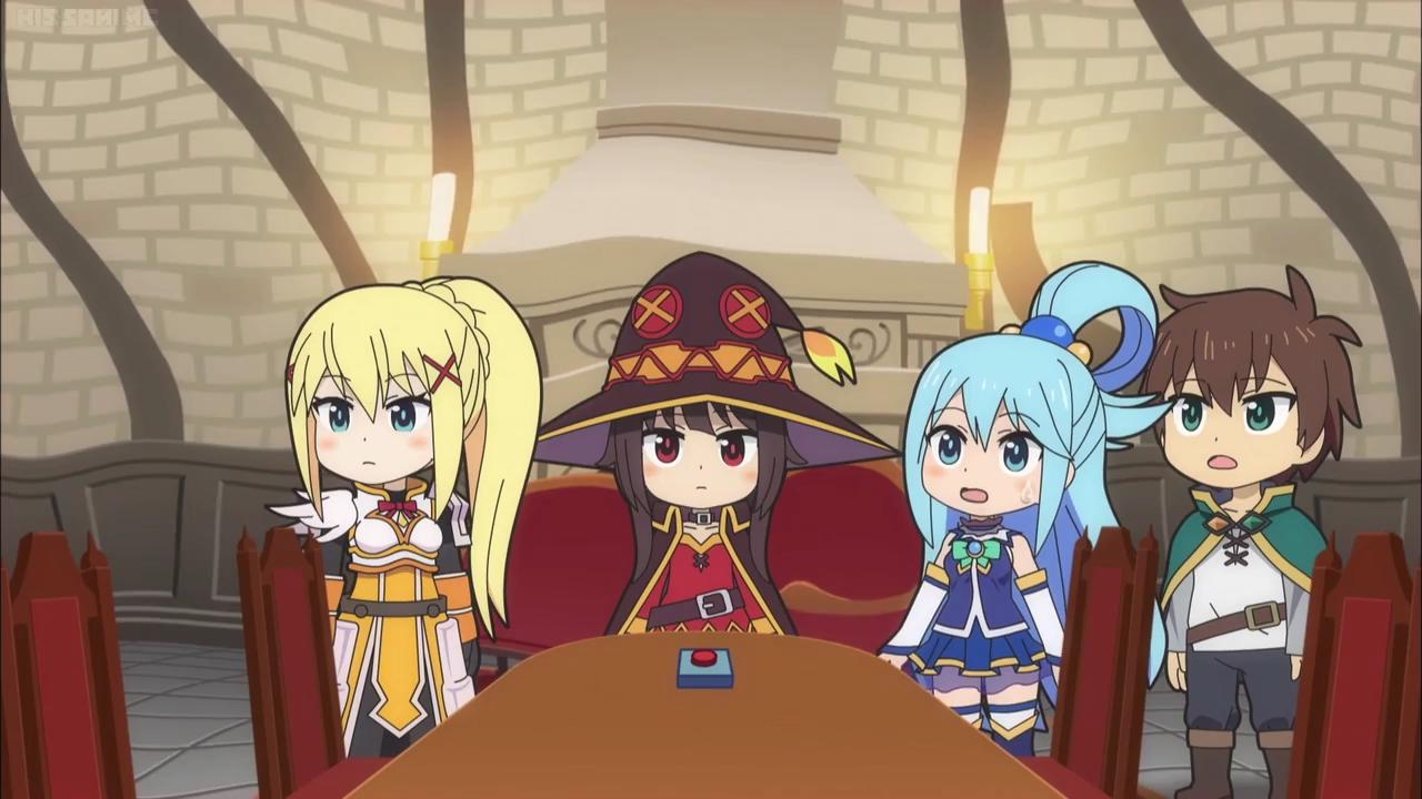 Vier Anime-Charaktere sitzen an einem Tisch, einer mit einem roten Knopf.