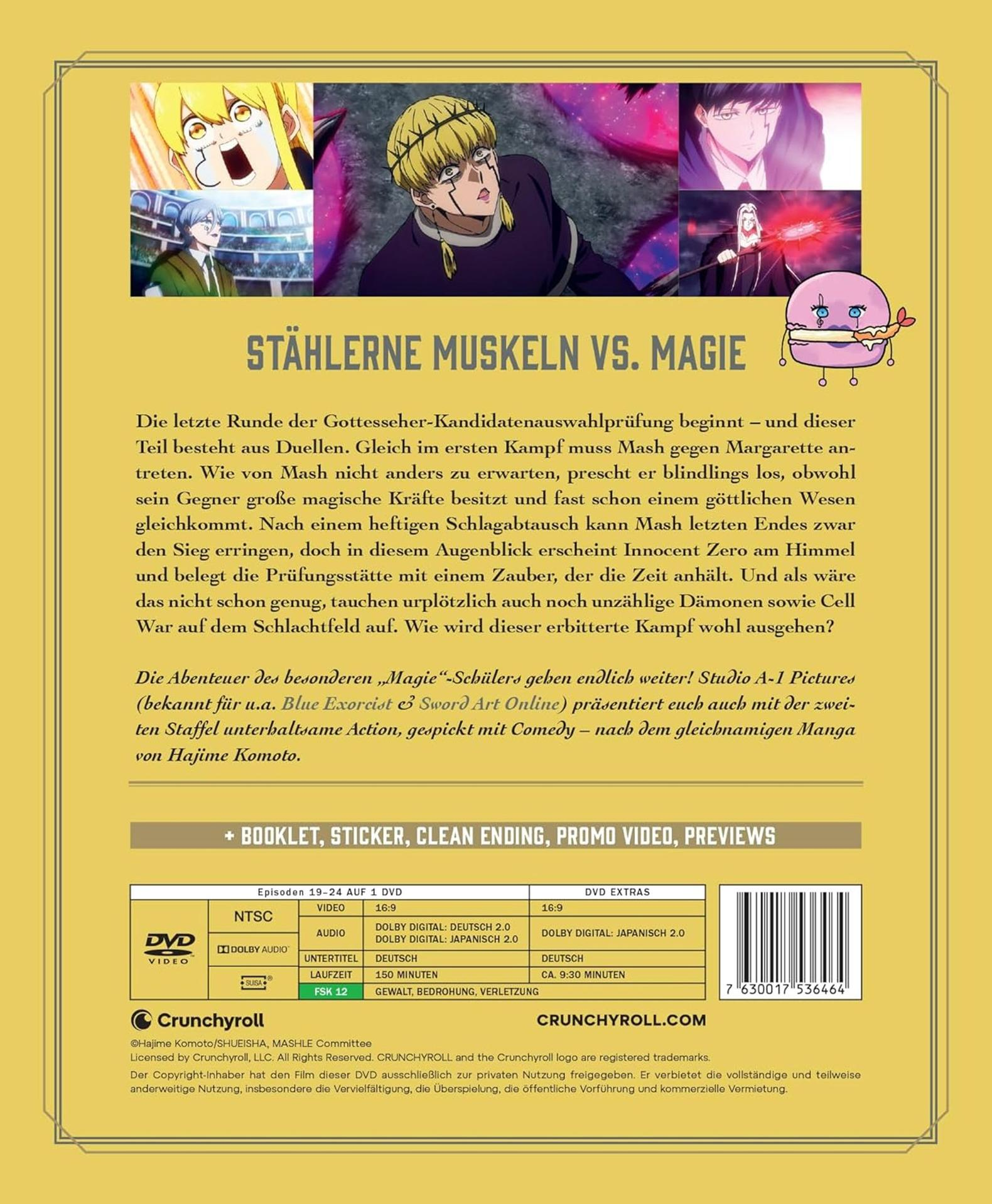 Anime DVD-Cover mit Charakteren, Titel 'Stählerne Muskeln vs. Magie' und DVD-Details.