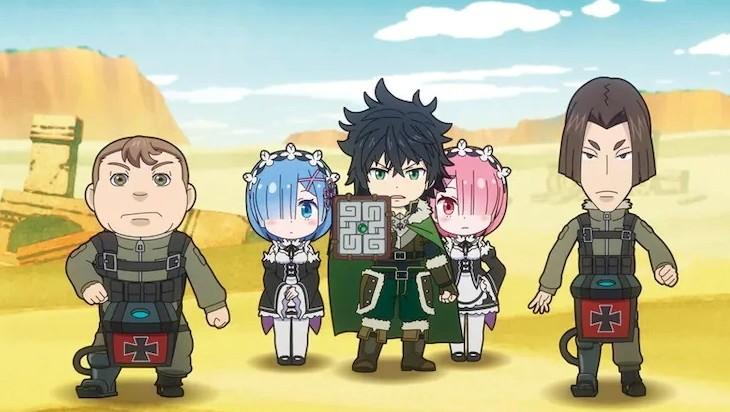 Fünf Anime-Figuren stehen in einer Wüstenlandschaft. Zwei Männer und drei Frauen.