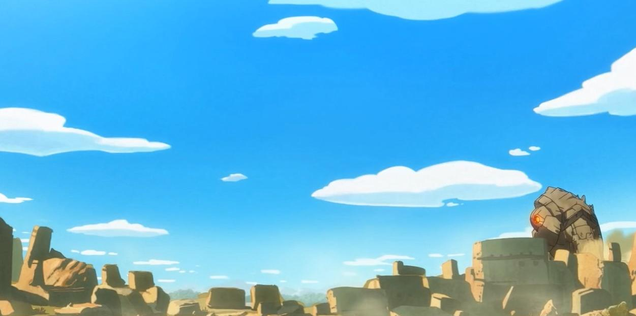 Eine felsige Landschaft unter blauem Himmel mit Wolken. Ein Steingolem steht auf einer Ruine.