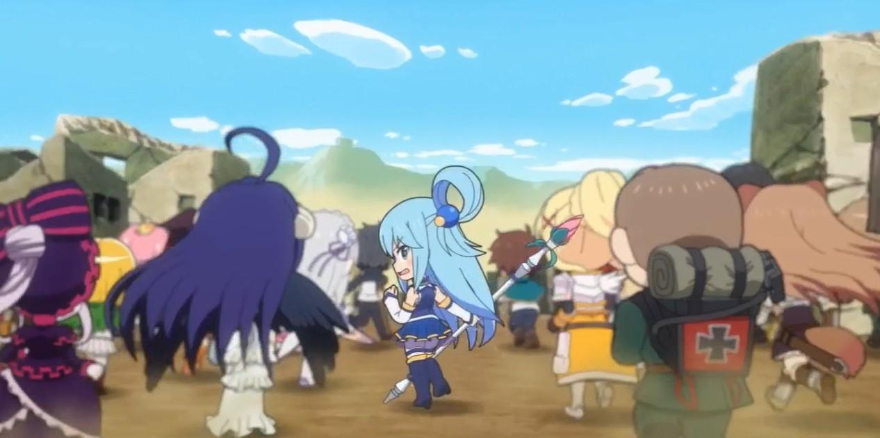Anime-Figuren in einer Szene mit Ruinen und blauem Himmel.