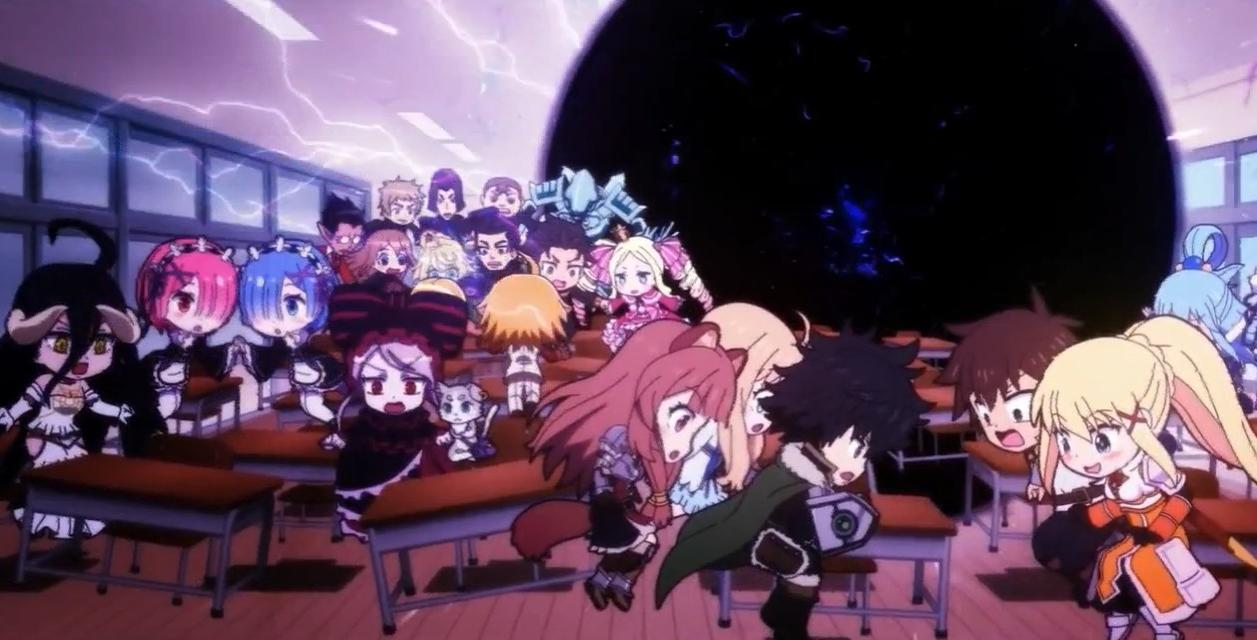 Anime-Charaktere in einem Klassenzimmer vor einem schwarzen Loch mit Blitzen.