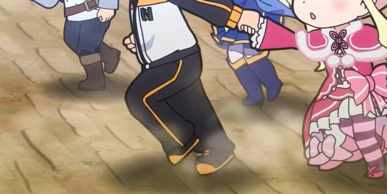 Anime-Charaktere in voller Länge laufen auf einem gepflasterten Weg.