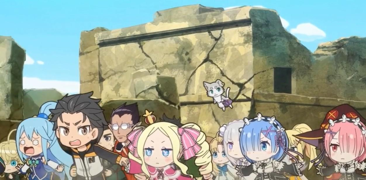 Chibi-Charaktere stehen vor einer zerfallenen Steinmauer. Eine Katze schwebt.