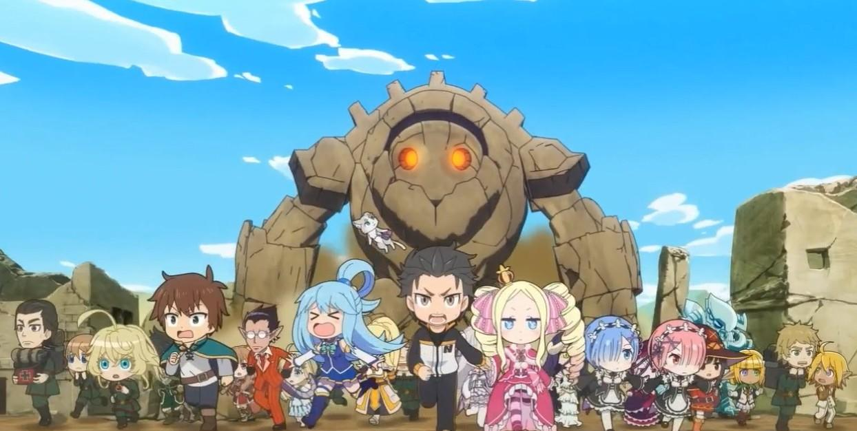 Chibi-Figuren laufen auf eine Steingolem-Ruine zu.