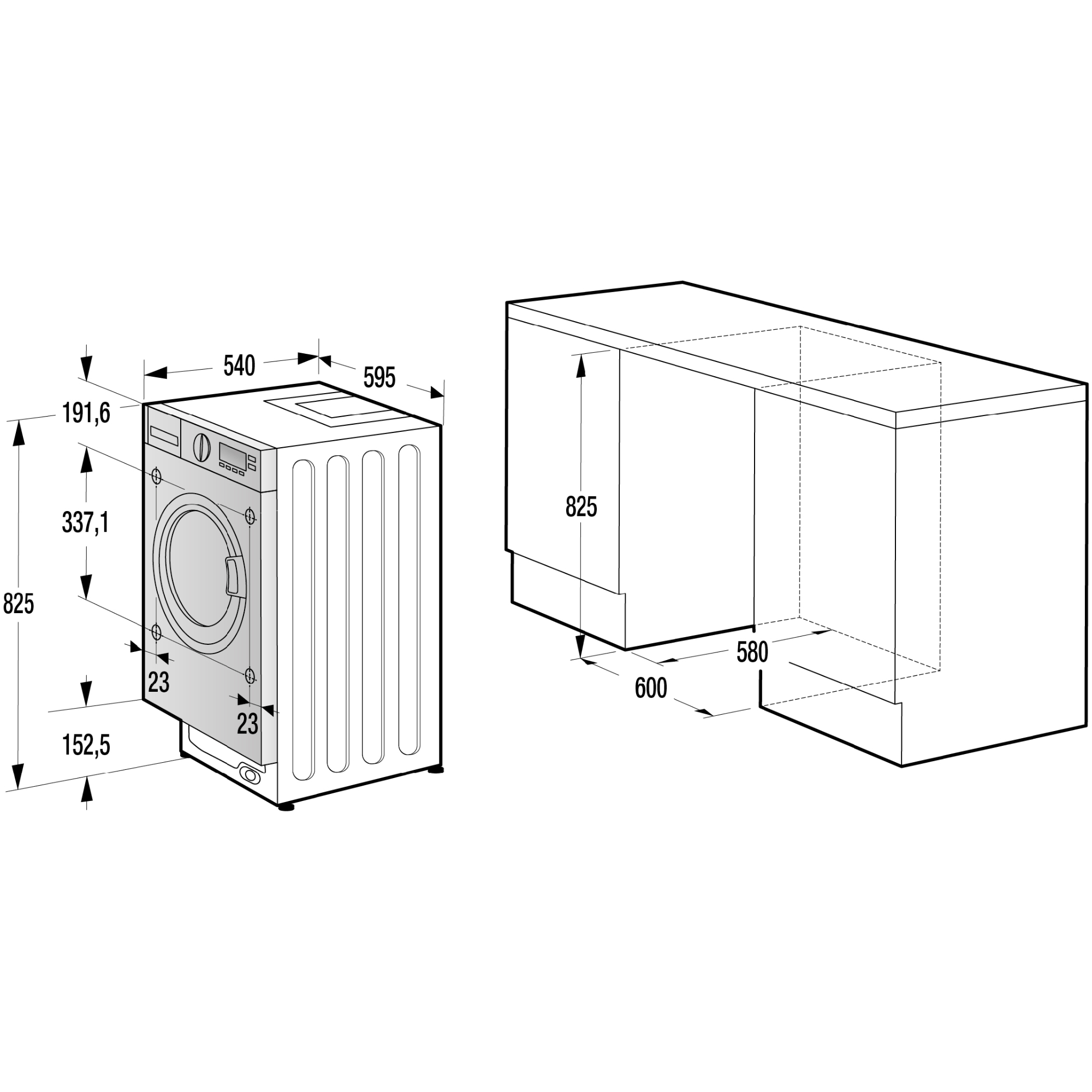 Dibujo técnico de una lavadora con dimensiones y caja de instalación.