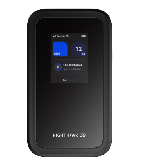 Ein schwarzer Nighthawk 5G Hotspot mit eSIM, 5,5/10 GB genutzt, gültig 30 Tage.
