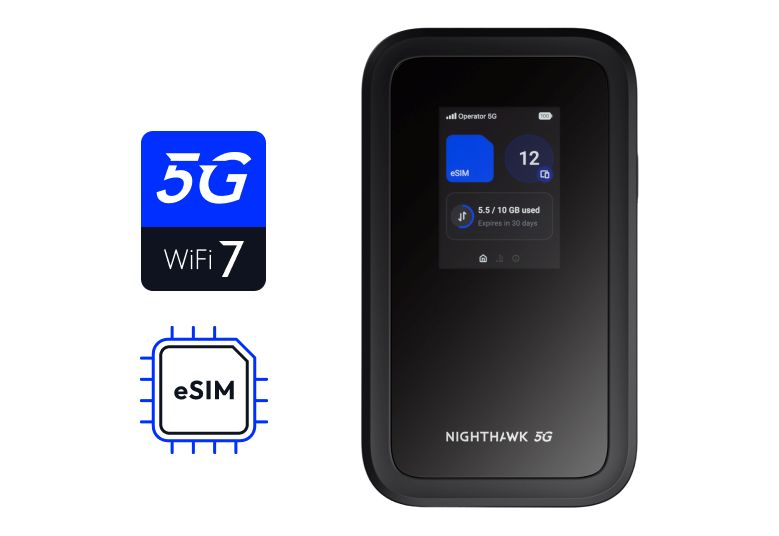Ein schwarzer 5G Nighthawk Router mit 5G/WiFi 7 und eSIM-Symbolen.