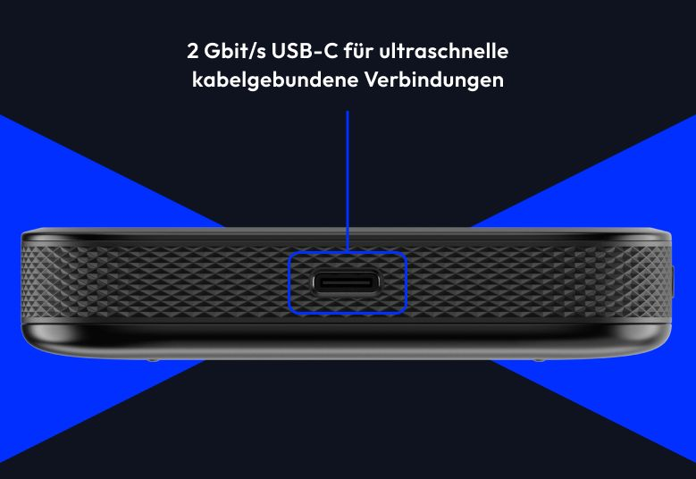 Ein schwarzes Gehäuse mit einer USB-C-Buchse, hervorgehoben durch eine blaue Box.