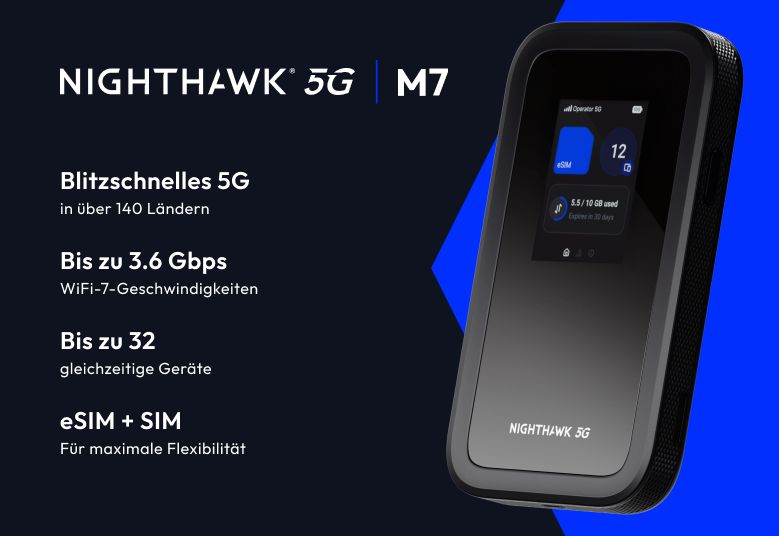 Nighthawk 5G M7 Router mit schnellem 5G, WiFi 7, 32 Geräten, eSIM+SIM.