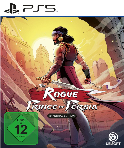 Ein Krieger mit Schwert vor antiker Architektur, PS5-Logo oben.