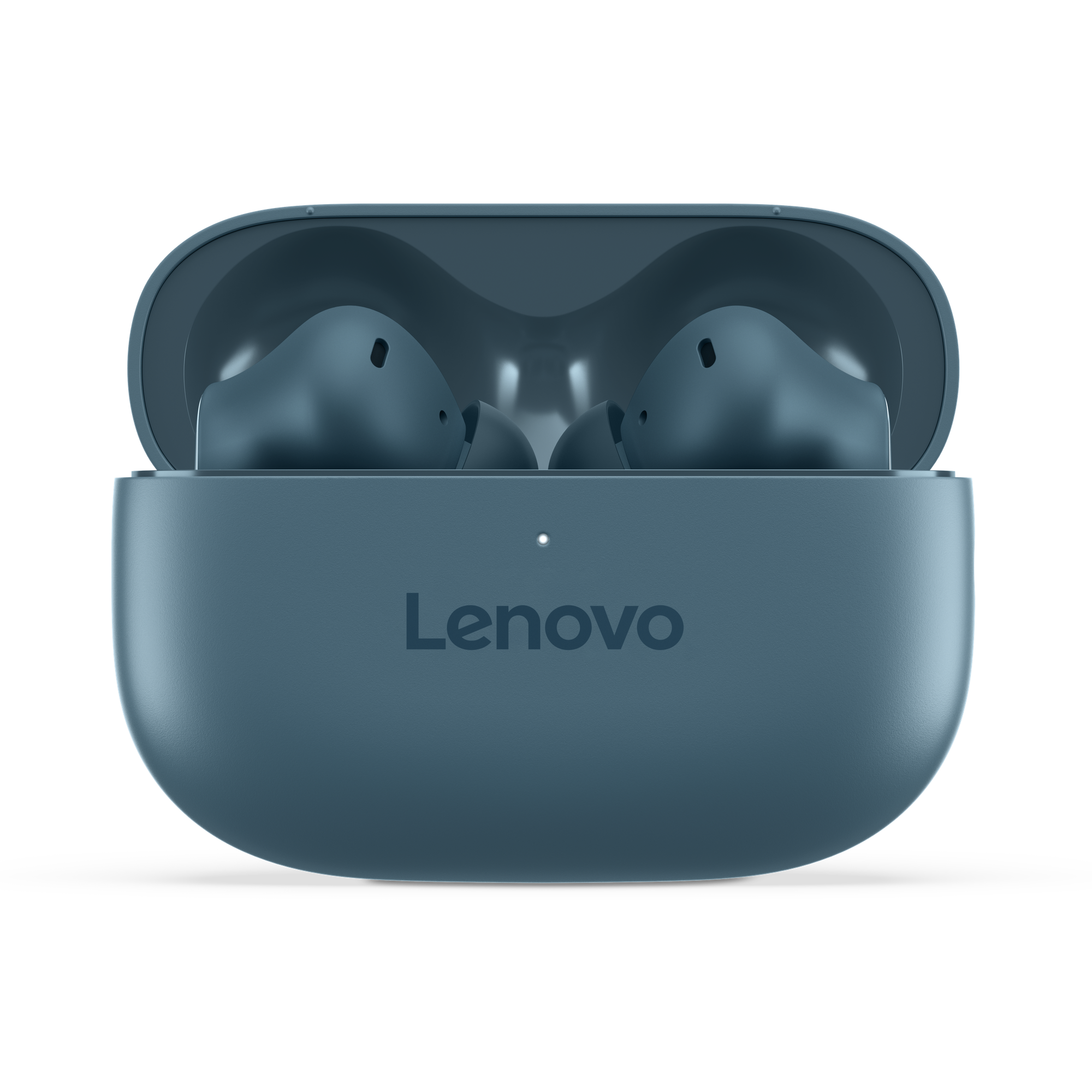 Auriculares Lenovo azules en un estuche de carga abierto con logo.