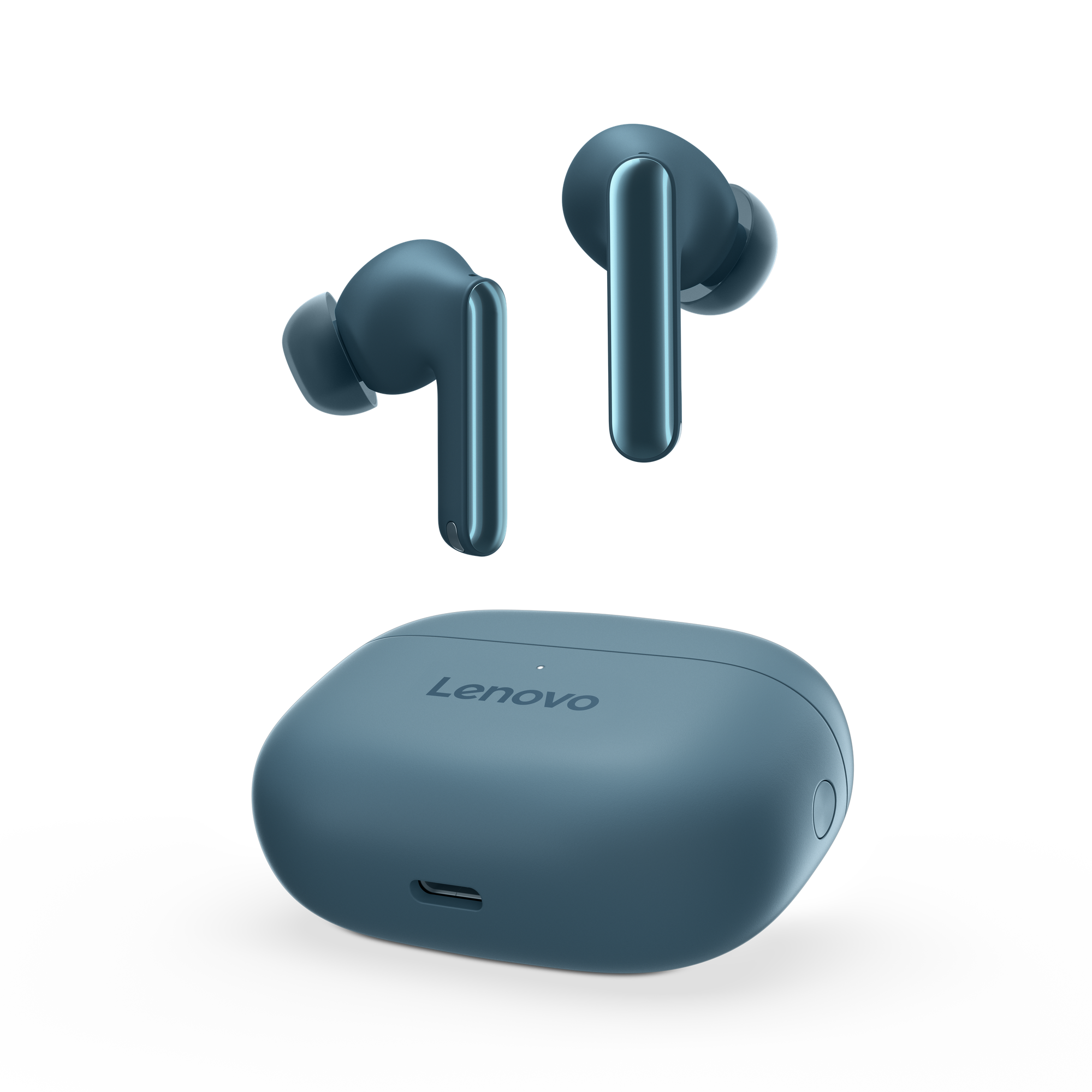 Un par de auriculares Lenovo azules con estuche de carga sobre fondo negro.