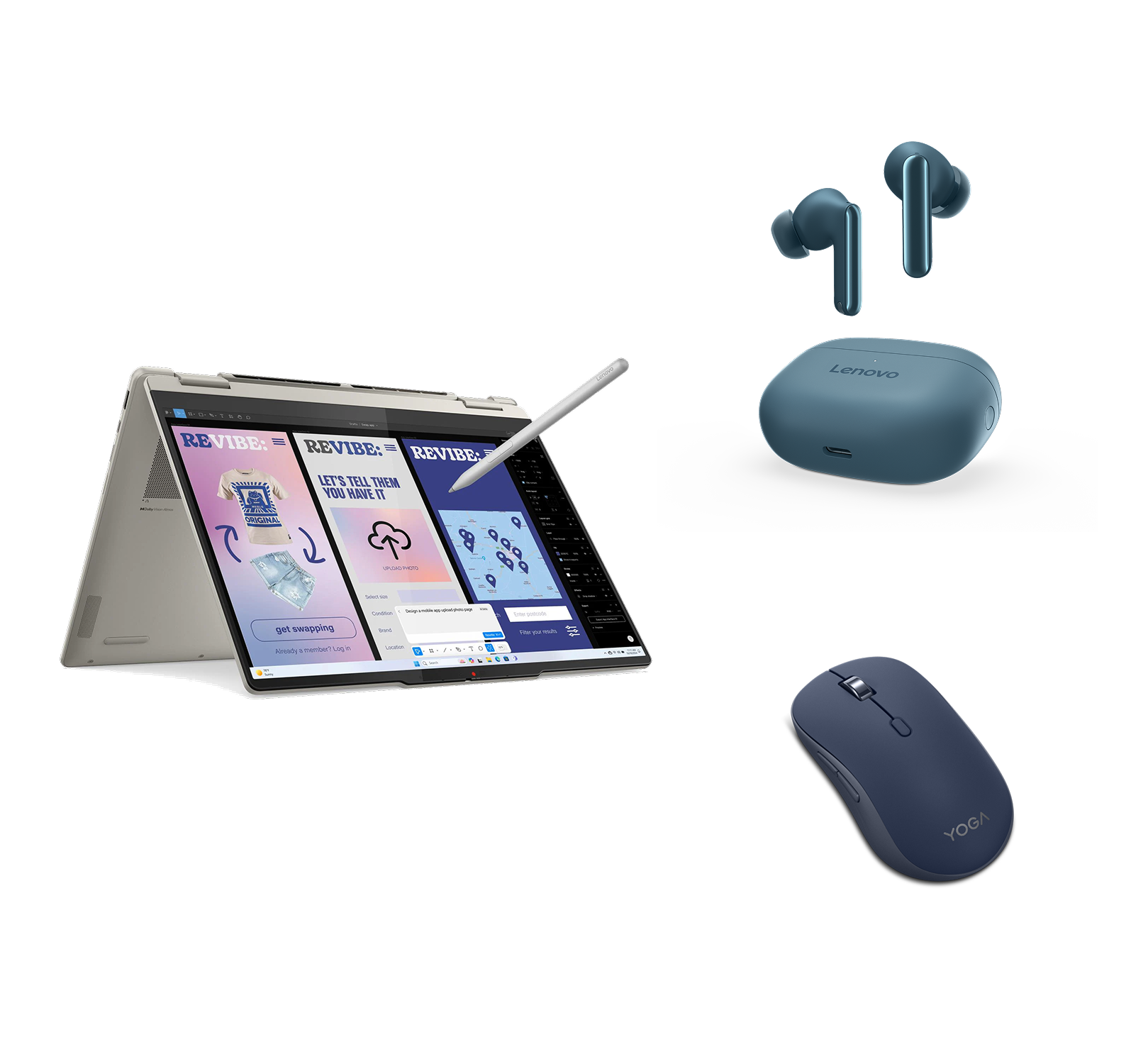 Un portátil abierto con lápiz, auriculares y ratón en azul grisáceo.