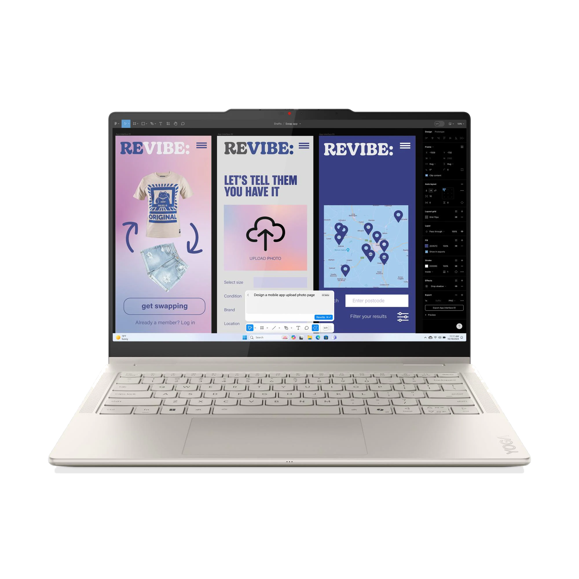 Portátil mostrando una interfaz de diseño de app con camiseta, pantalones cortos y mapa.