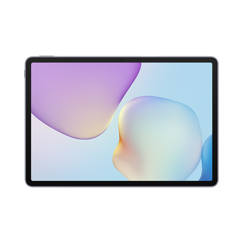 Ein dunkles Tablet mit einem bunten Hintergrundbild. Die Linse der Frontkamera ist sichtbar.