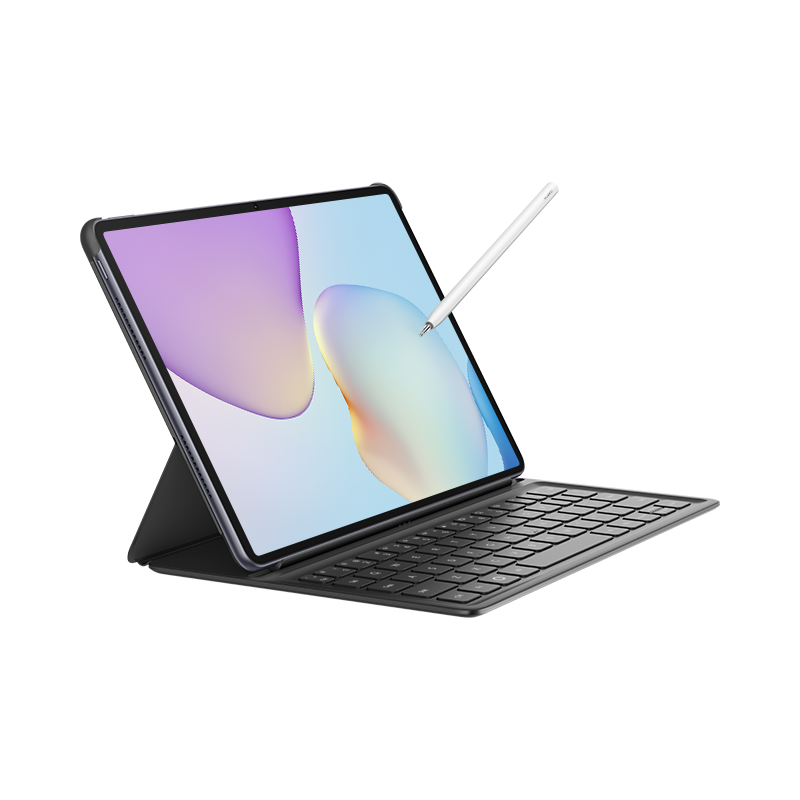 Ein Tablet mit Tastatur und Stift, das auf einem dunklen Hintergrund steht.