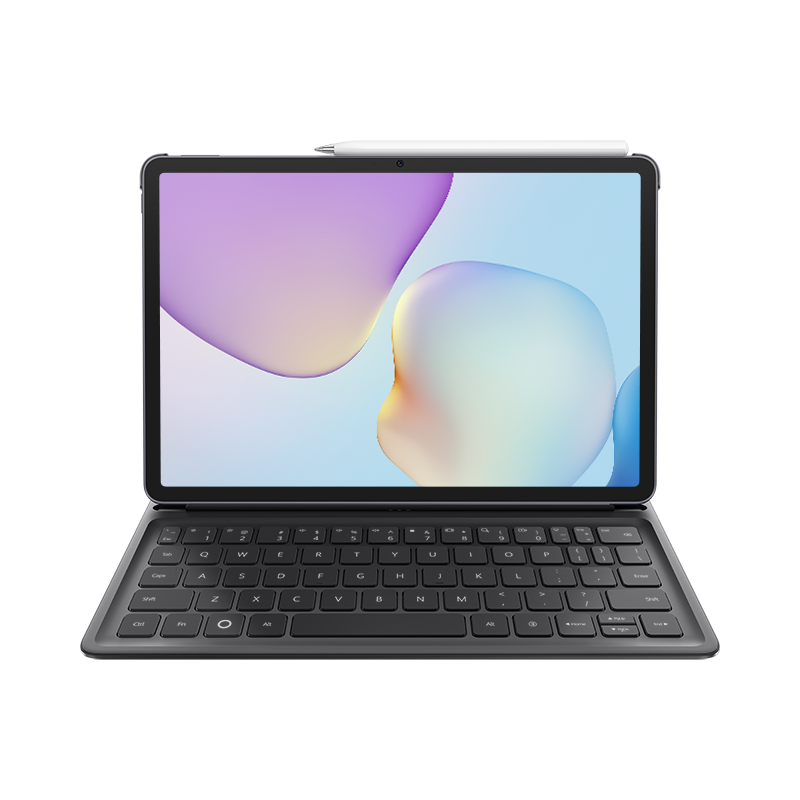 Ein schwarzes Tablet mit Tastatur und Stift. Der Bildschirm zeigt ein abstraktes Bild.