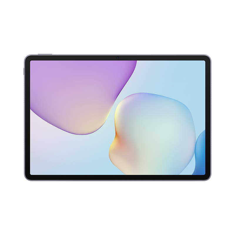 Ein violettes Tablet mit einem bunten Hintergrundbild, das Blasen zeigt.