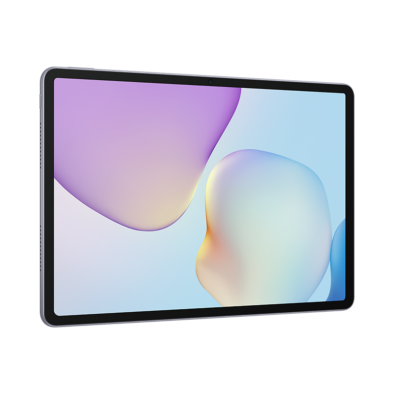 Ein graues Tablet mit einem bunten Hintergrundbild, das weiche, abstrakte Formen zeigt.