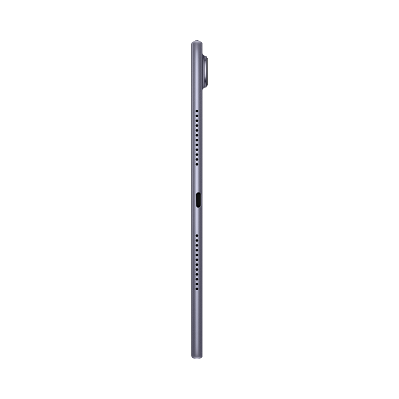 Graues Tablet im Profil, mit Lautsprecheröffnungen und Kamera.