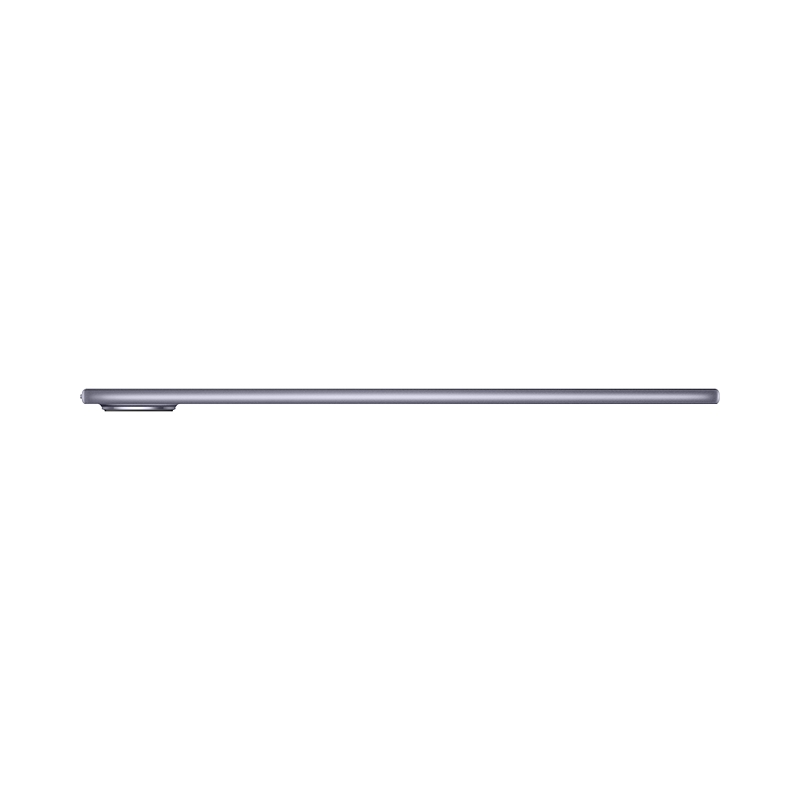 Graues Tablet im Querformat, von der Seite gesehen, mit weißem Hintergrund.