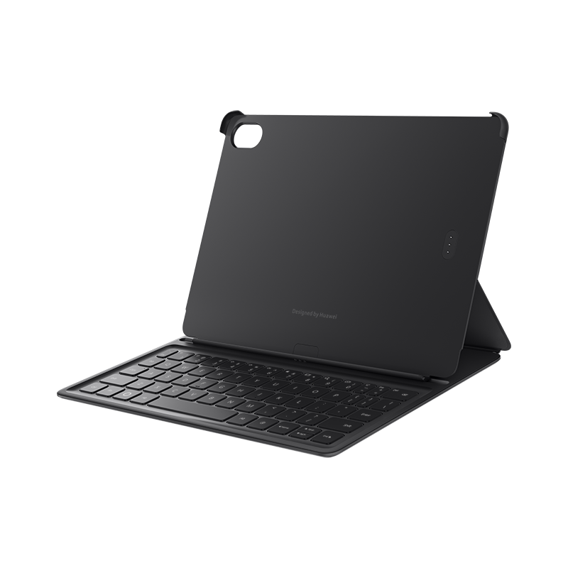 Ein schwarzes Huawei Tablet-Tastatur-Case, geschlossen und aufgestellt.