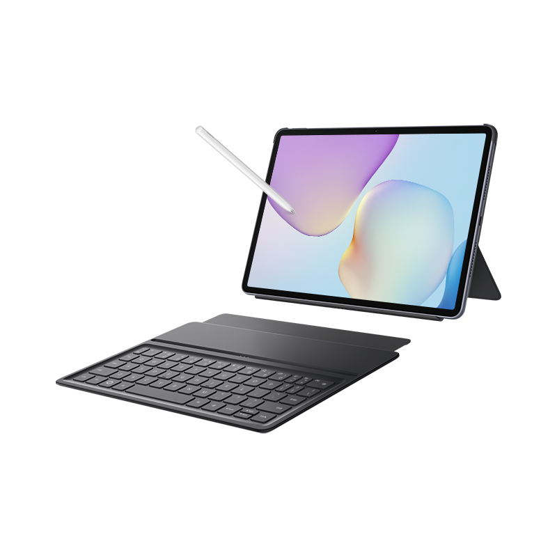 Ein Tablet mit Stift und Tastatur auf grauem Hintergrund.