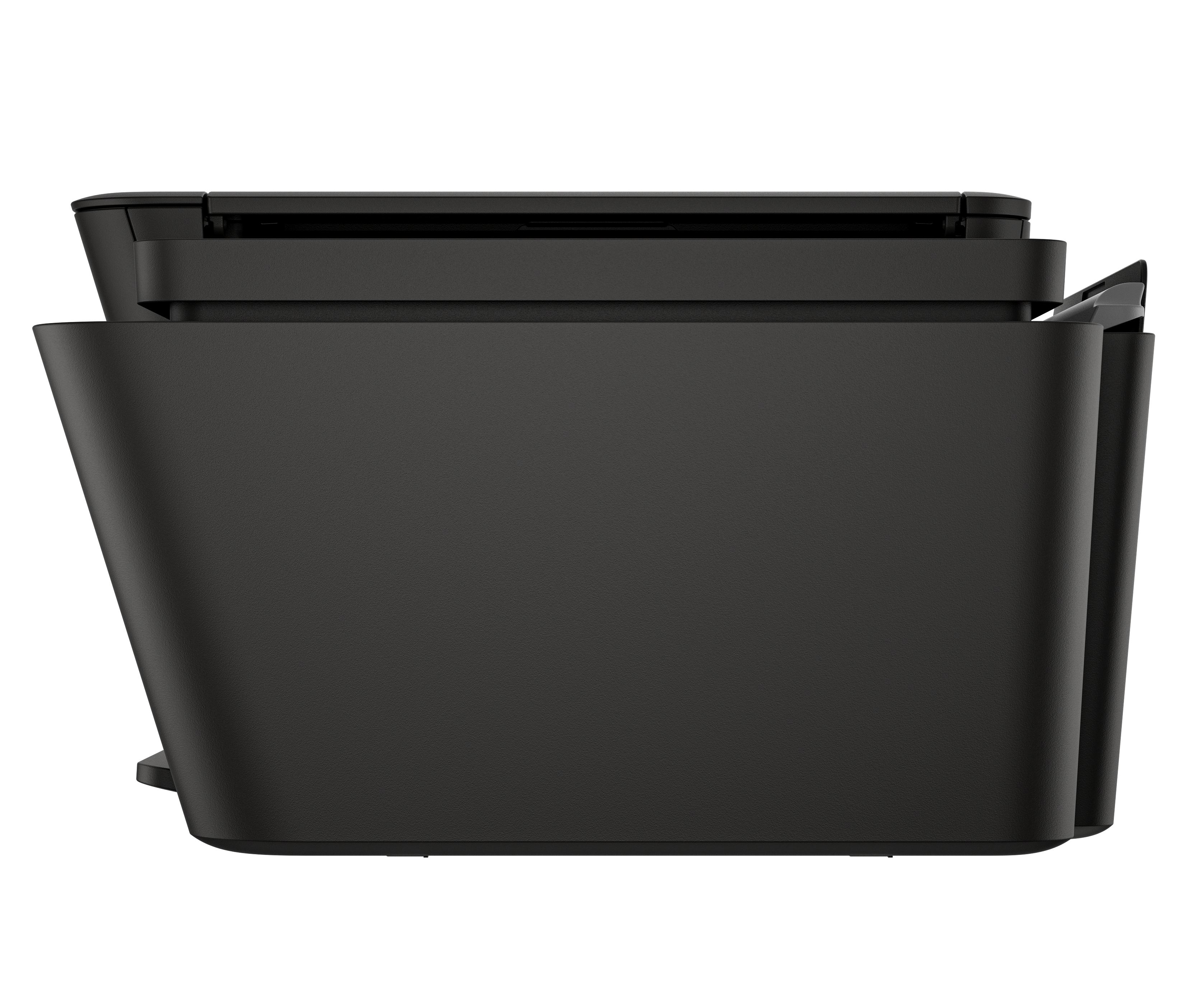 Czarna drukarka z płaską górną częścią i wystającą podstawą.