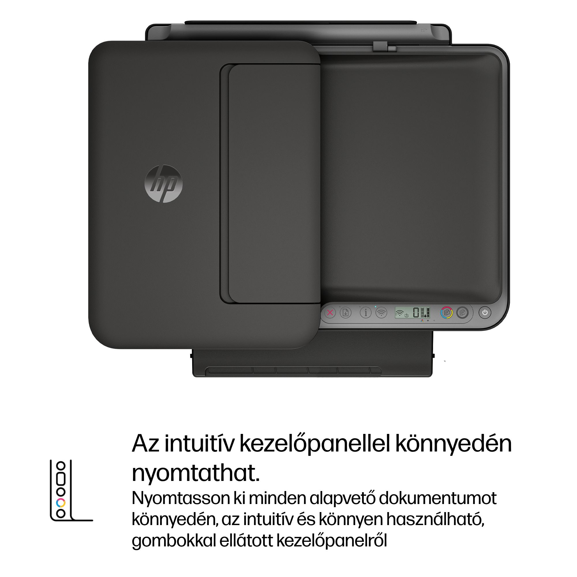 Fekete HP nyomtató ikonokkal és gombokkal ellátott kezelőpanellel.