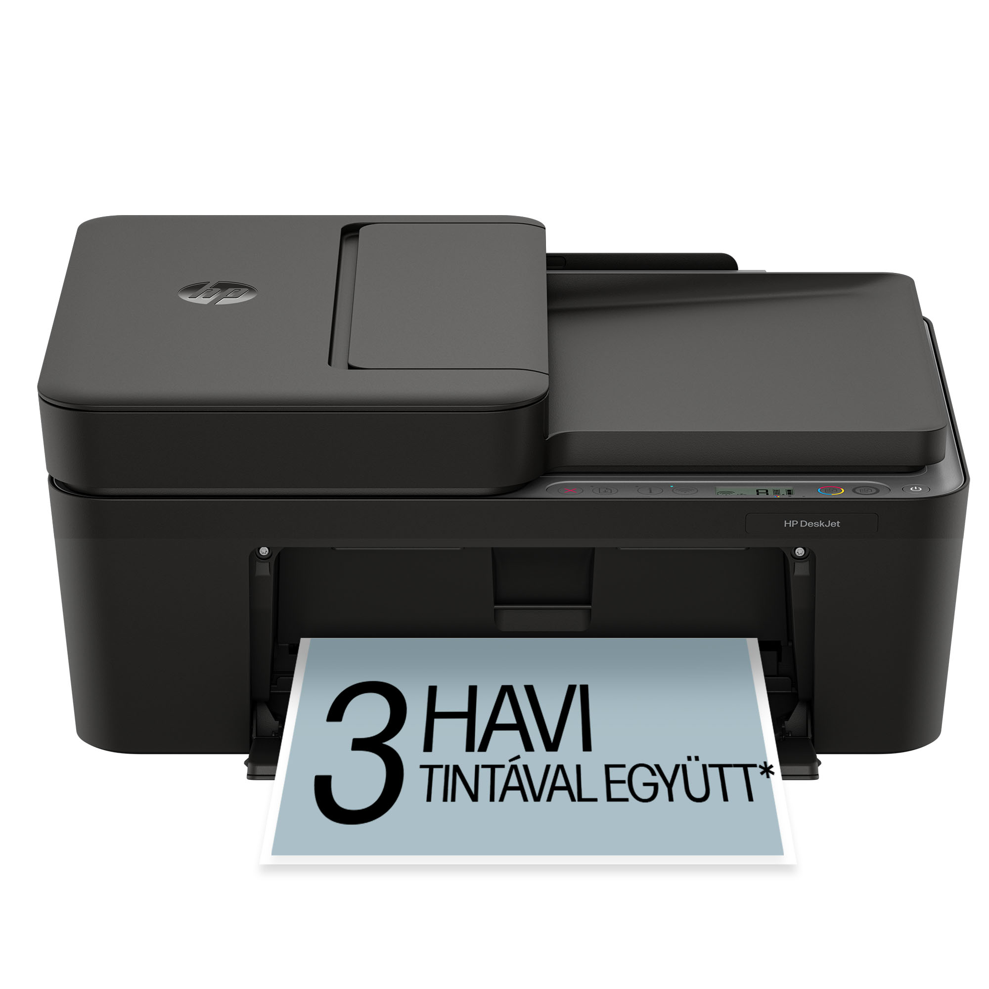 Fekete HP DeskJet nyomtató, papírlappal, melyen ez áll: '3 HAVI TINTÁVAL EGYÜTT*'.