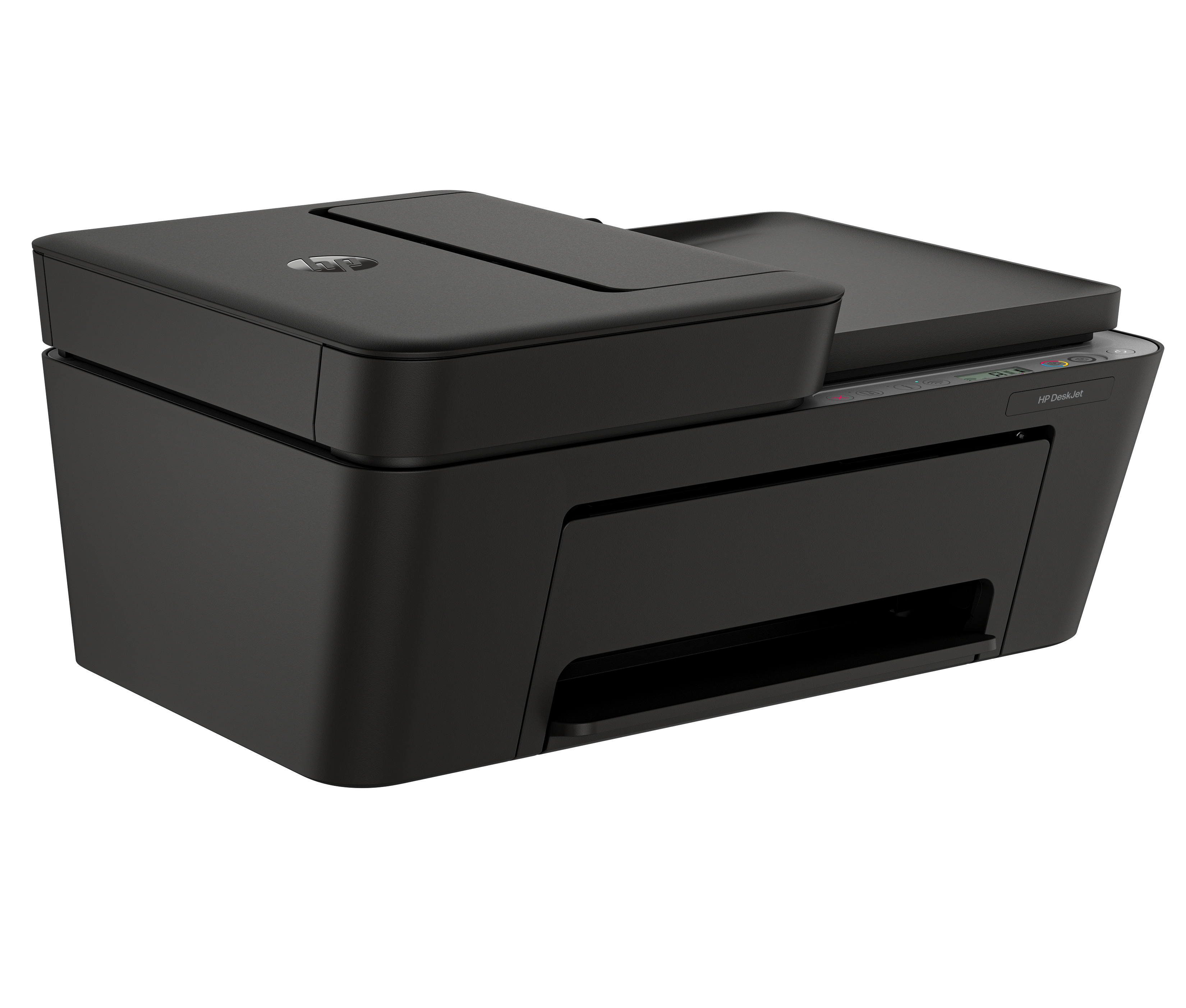 Czarna drukarka HP ze skanerem i kopiarką.