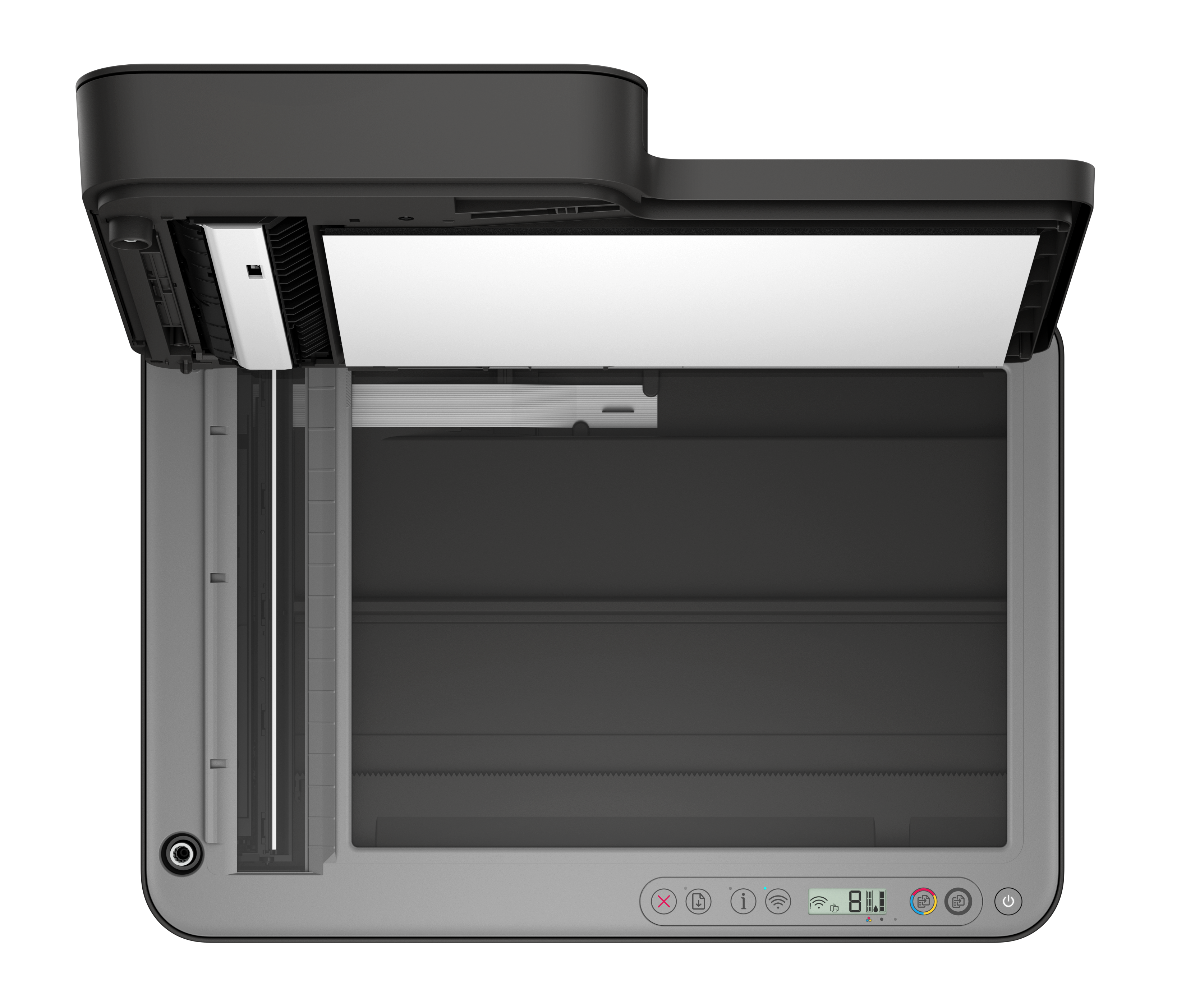 Otwarta czarno-szara drukarka ze skanerem, biały papier na płaszczyznie skanera.