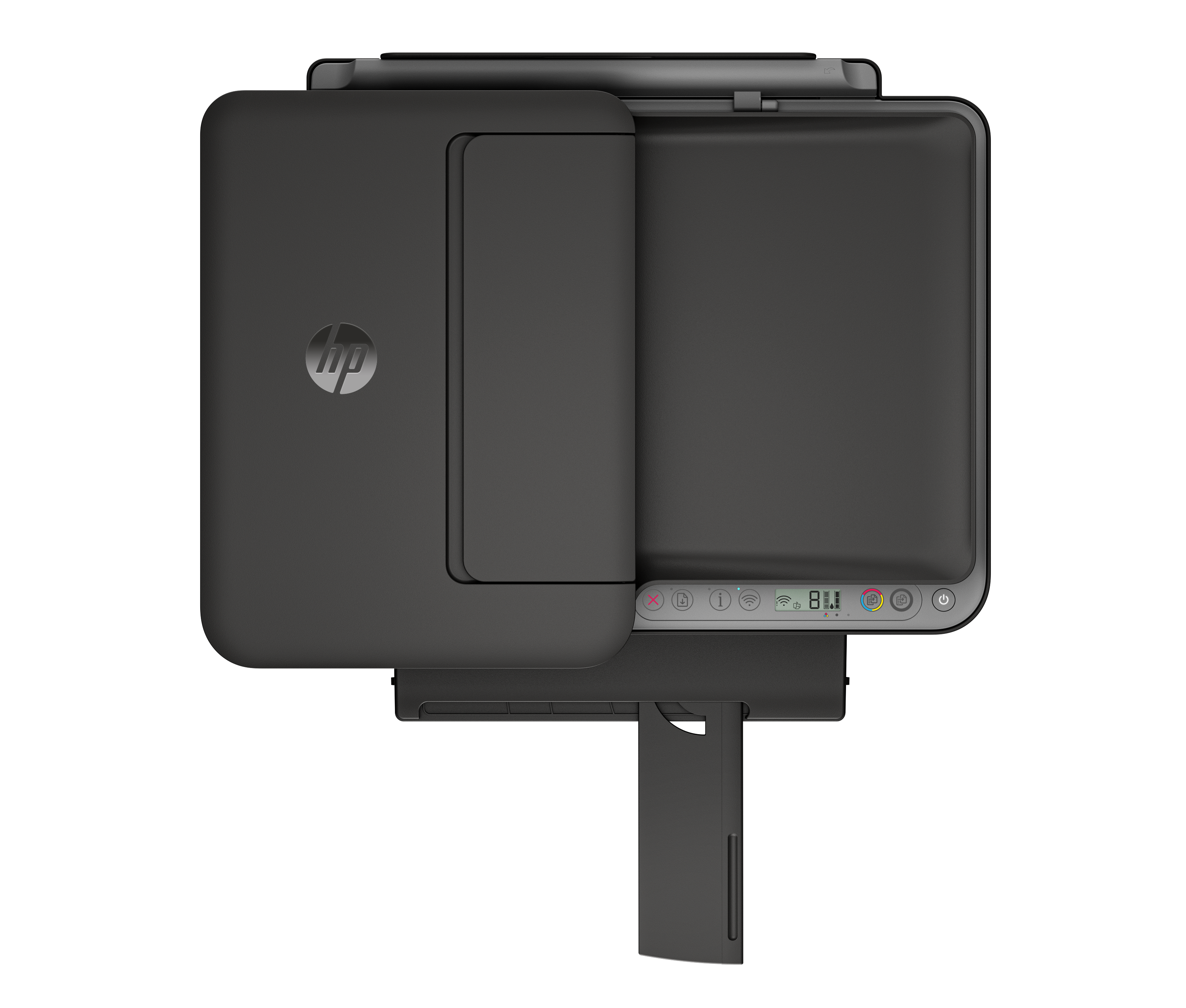 Czarna drukarka HP widziana z góry z wysuniętą tacą wyjściową.