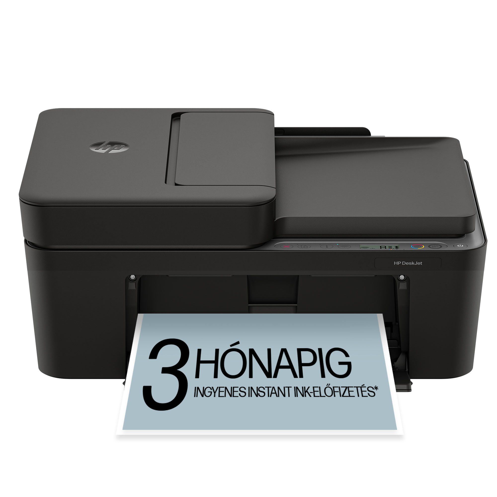 Egy fekete HP DeskJet nyomtató, amelyen "3 HÓNAPIG" felirat látható.