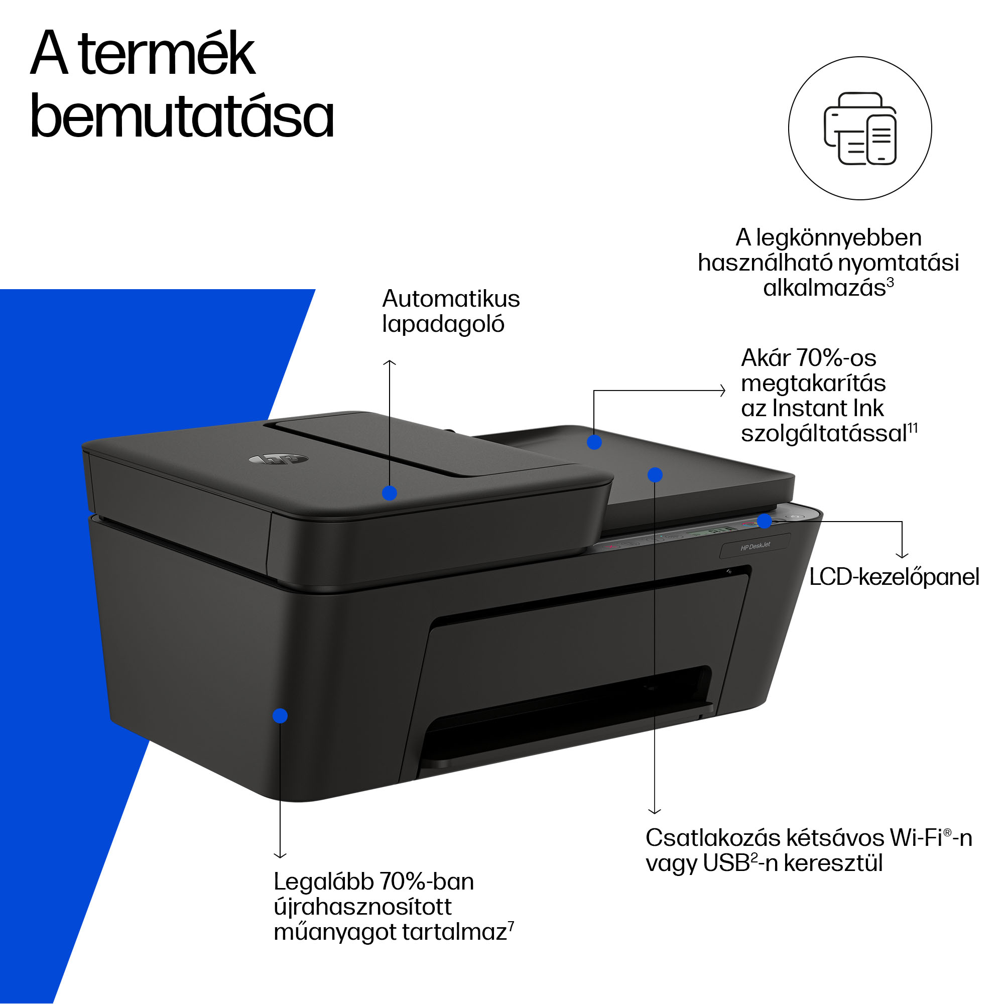 Fekete HP DeskJet nyomtató automatikus adagolóval, LCD panellel, Wi-Fi/USB-vel.