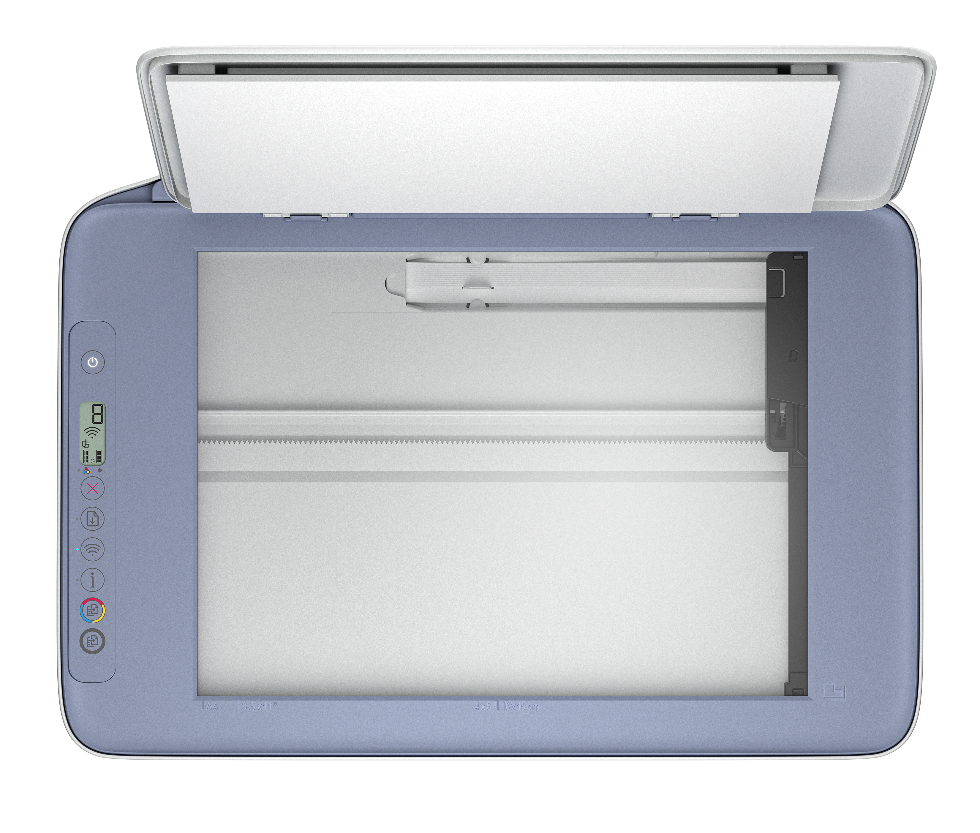 Egy nyitott, világoskék nyomtató/szkenner kezelőpanellel és LCD kijelzővel.