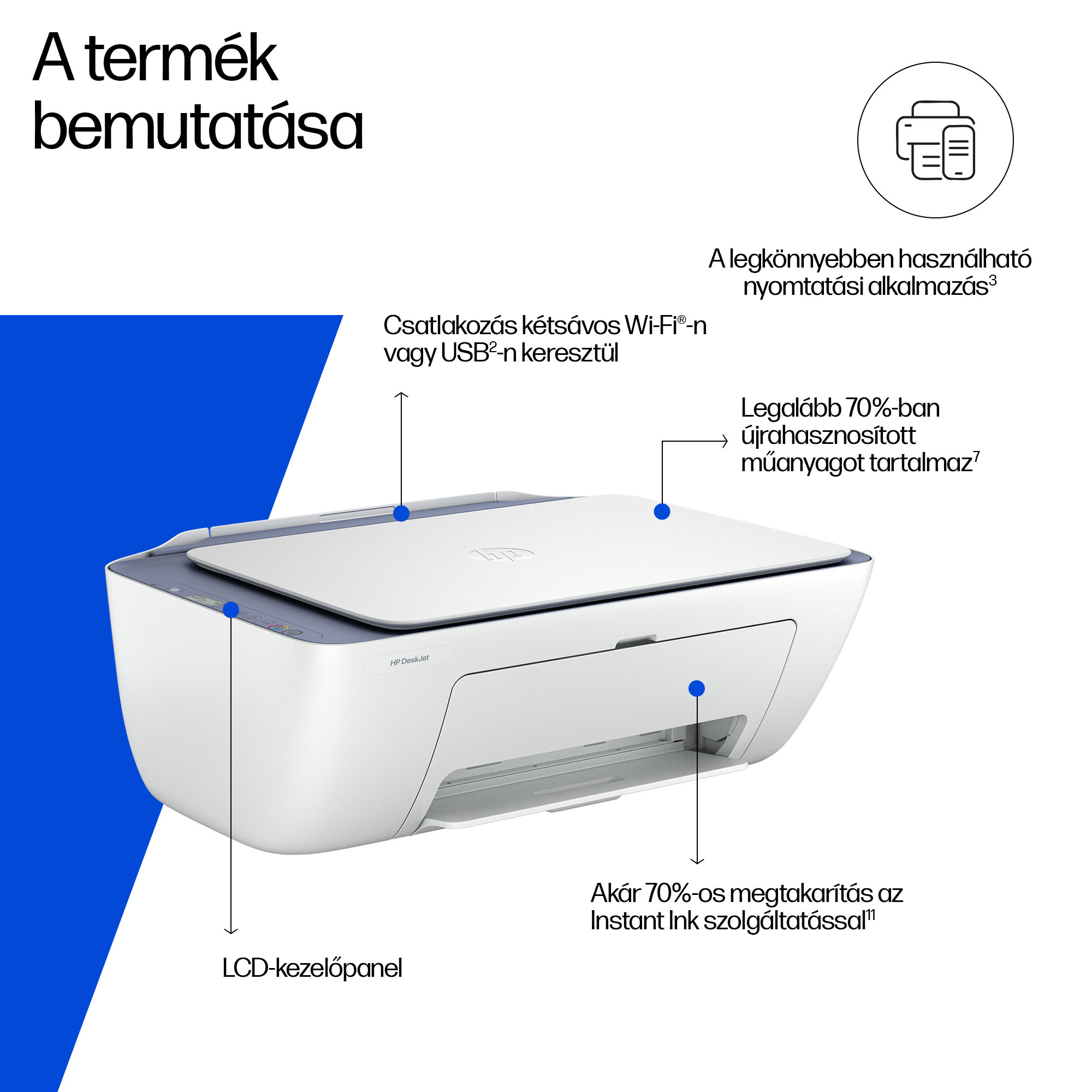 Fehér HP DeskJet nyomtató kék díszítéssel. Feliratok magyarázzák a Wi-Fi, USB, LCD funkciókat.