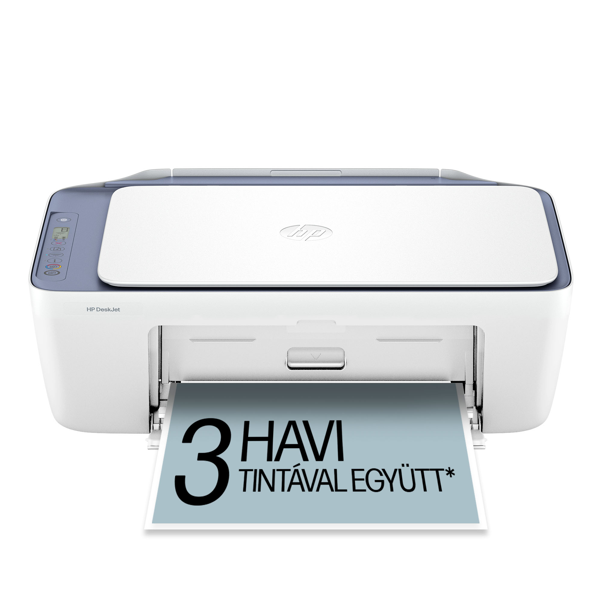 Egy fehér HP DeskJet nyomtató kék tetővel, amely magyar nyelvű papírt nyomtat.