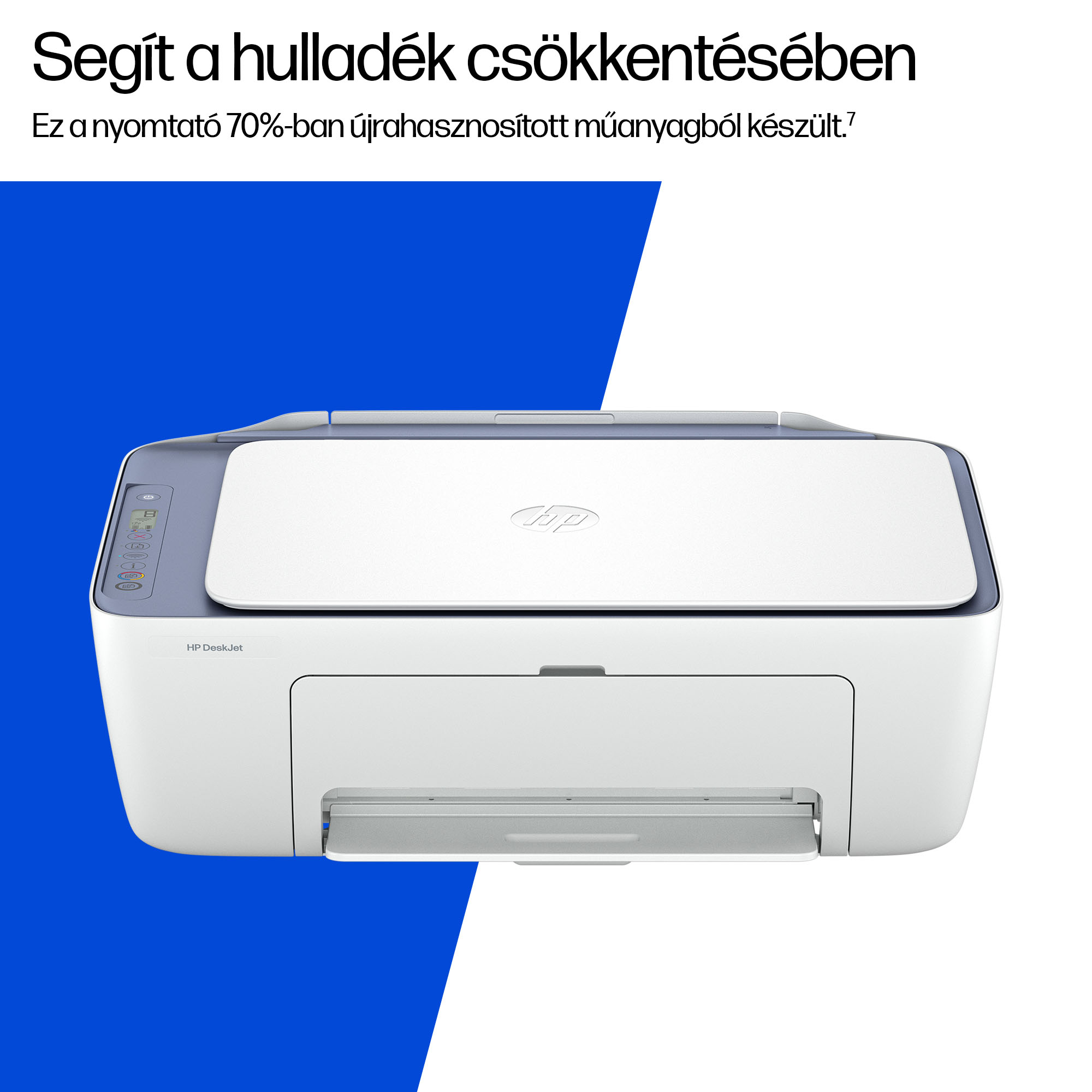 Fehér HP DeskJet nyomtató kék akcentusfallal.