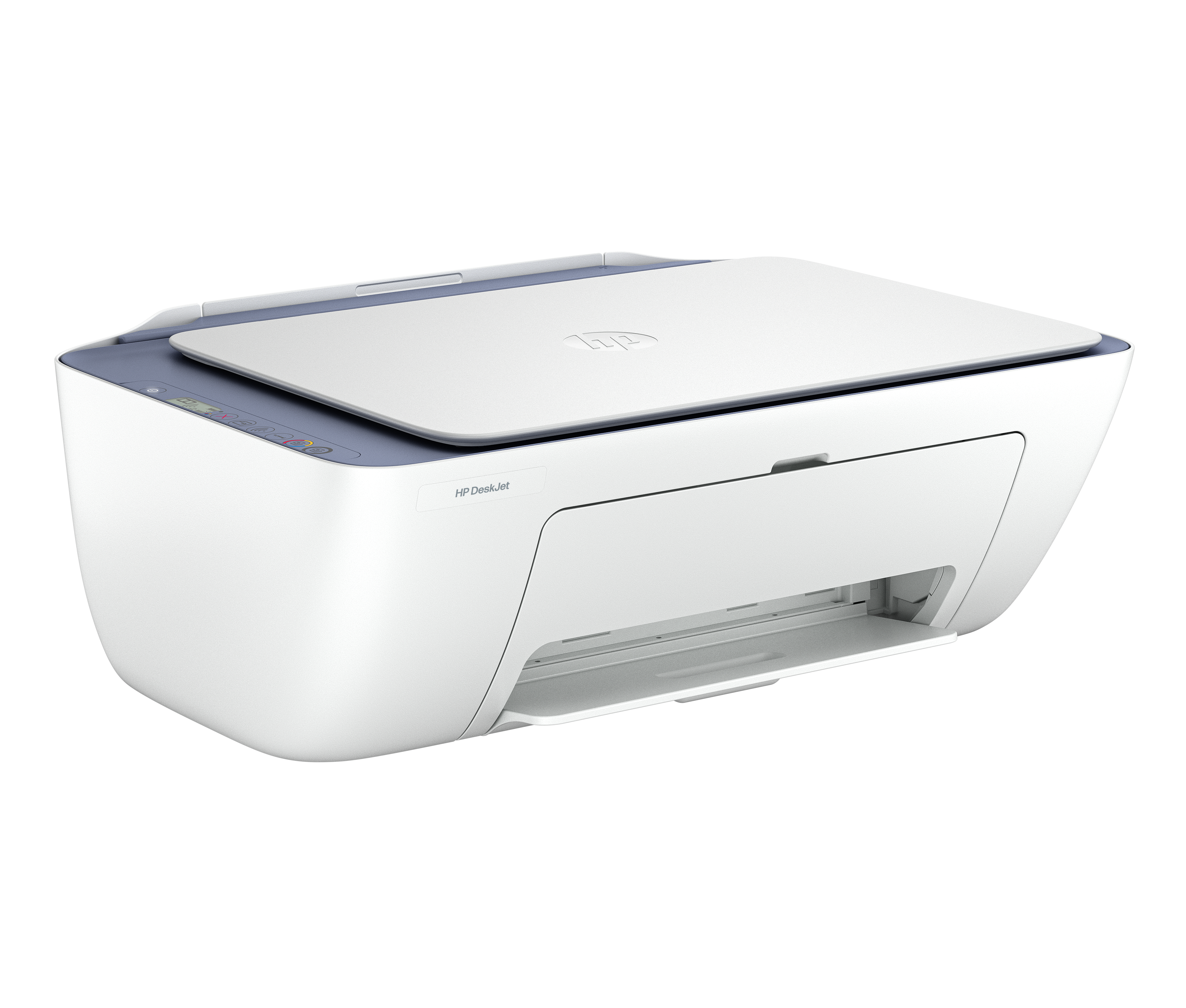 Fehér HP DeskJet nyomtató kék díszítéssel a felső panelen.