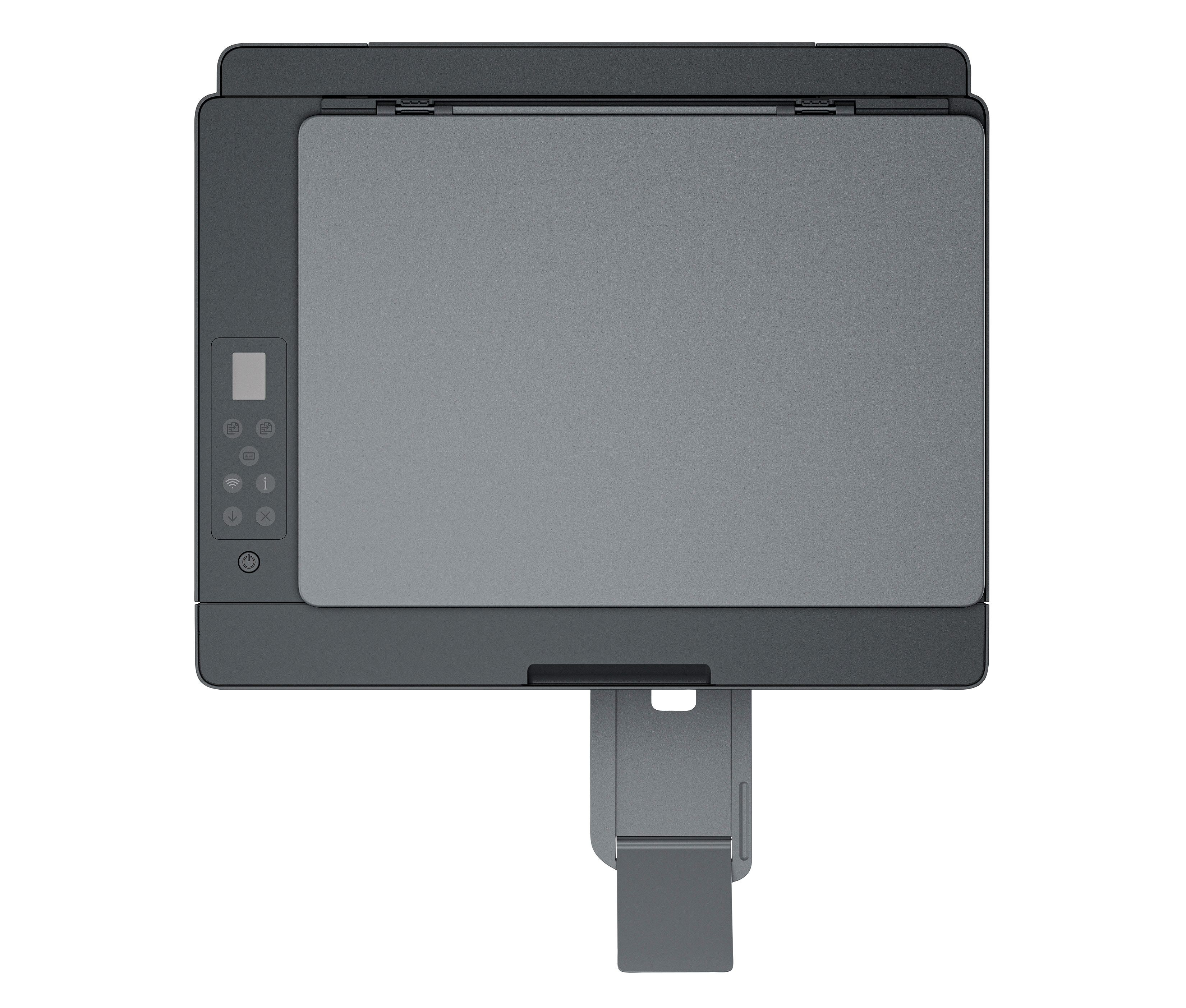 Widok z góry ciemnoszarej drukarki z jasnoszarym skanerem i panelem sterowania.